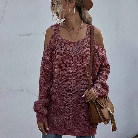 burgundy oversized cold shoulder knit fall sweater - Picture 6 of 11